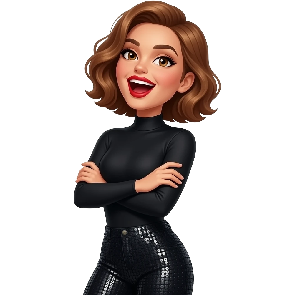glamours,-tanned,-very-beautiful-woman-with-big-plump-red-lips,-long-long-lashes,-honey-silky-very short- hair,-wavy-hair,-hazel-eyes- wearing-black-Long-sleeved-bodysuit-and-black-sequinned-pants-eyes-wide-open-look-of-shock-mouth-open wide-arms-crossed-throwing head back-waist-up emoji