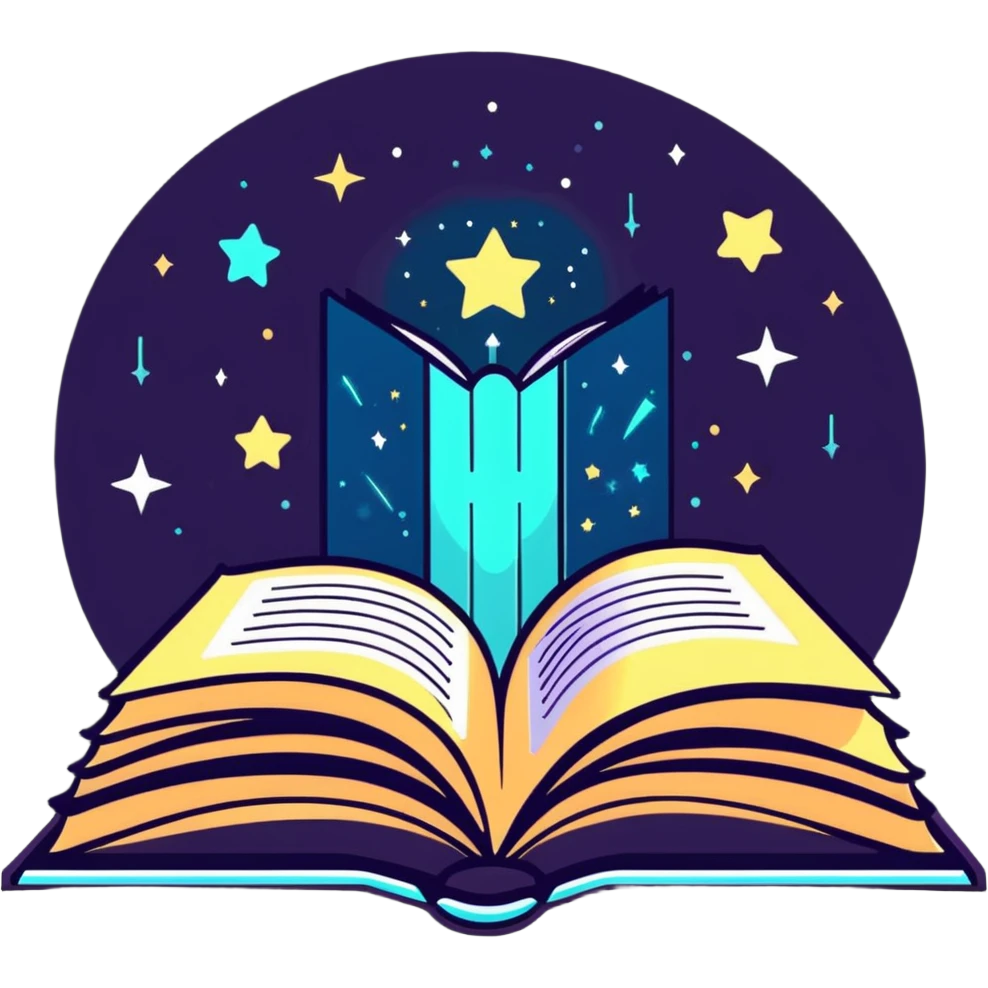 Open book with magical words and glowing sparkles floating above it emoji