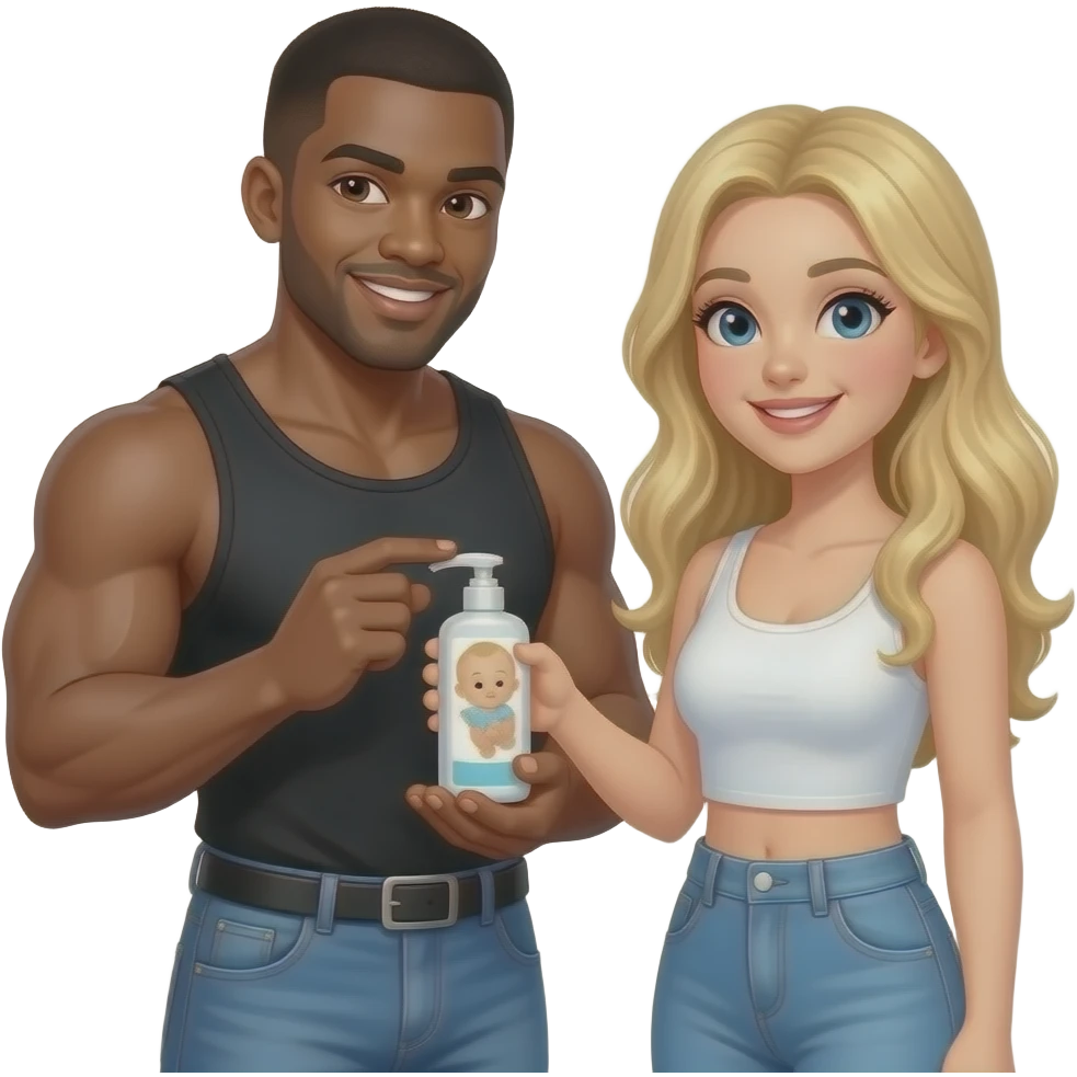 Jacked black guys holding baby oil with a pretty white girl emoji