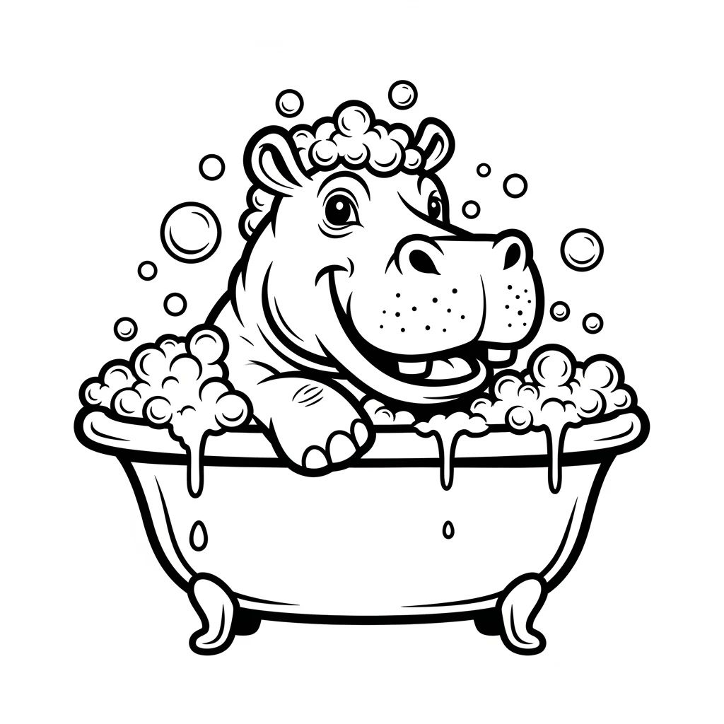 vector art with outline of happy hippo with bubbles in bathtub emoji