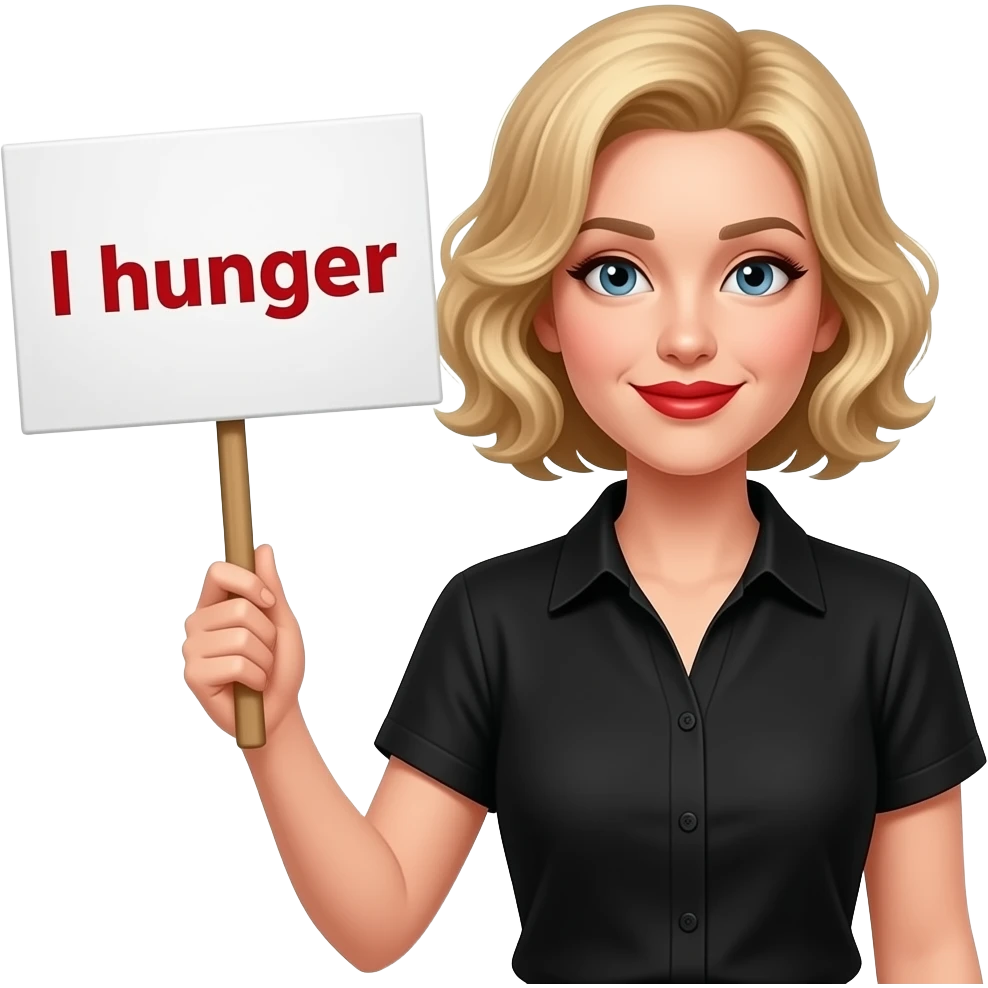 short blonde curly hair side swept bob with shy smile, red lipstick with a sign saying I hunger, my tummy is rummbling in a black short sleeve blouse emoji