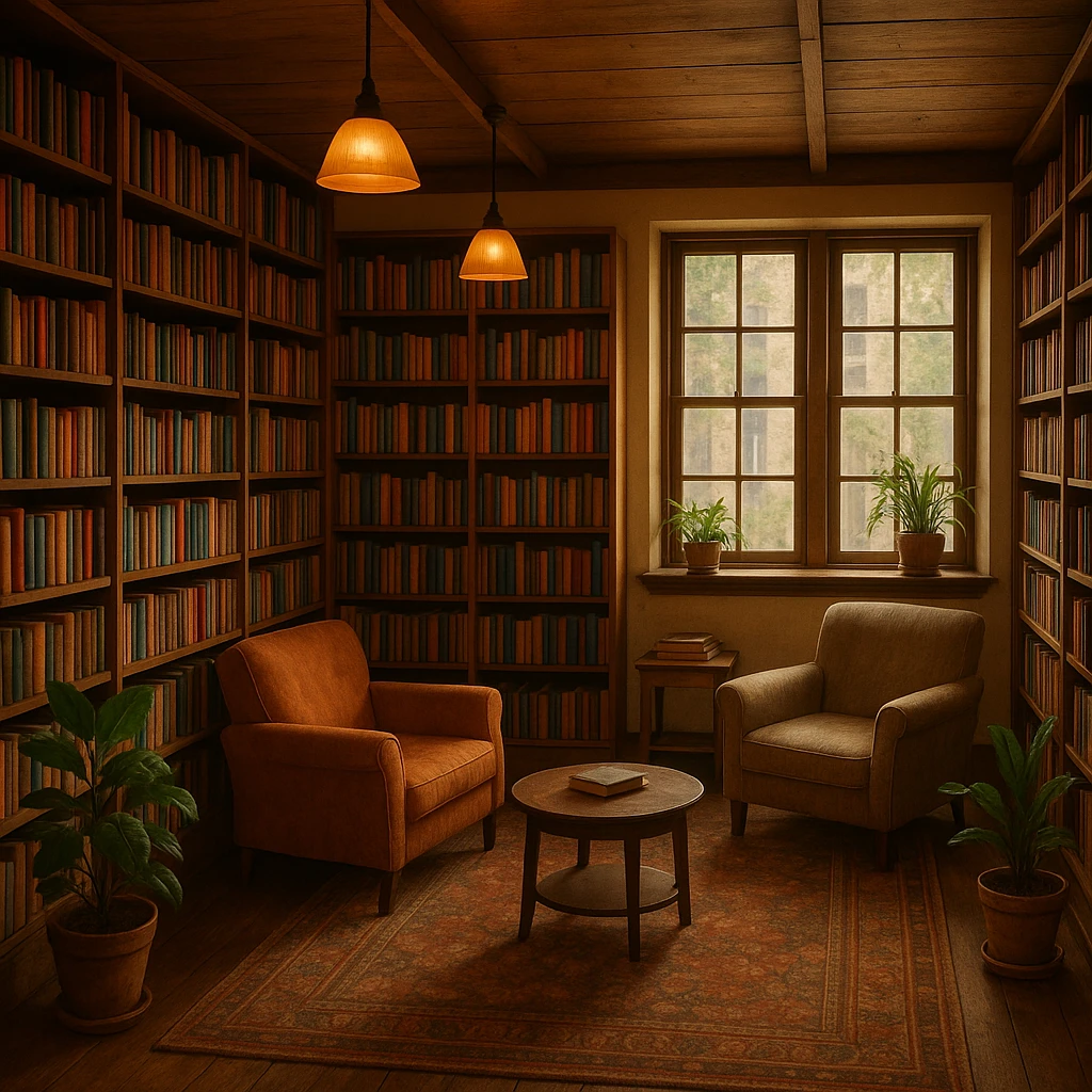a cozy bookstore interior with shelves full of books, warm lighting, inviting atmosphere emoji