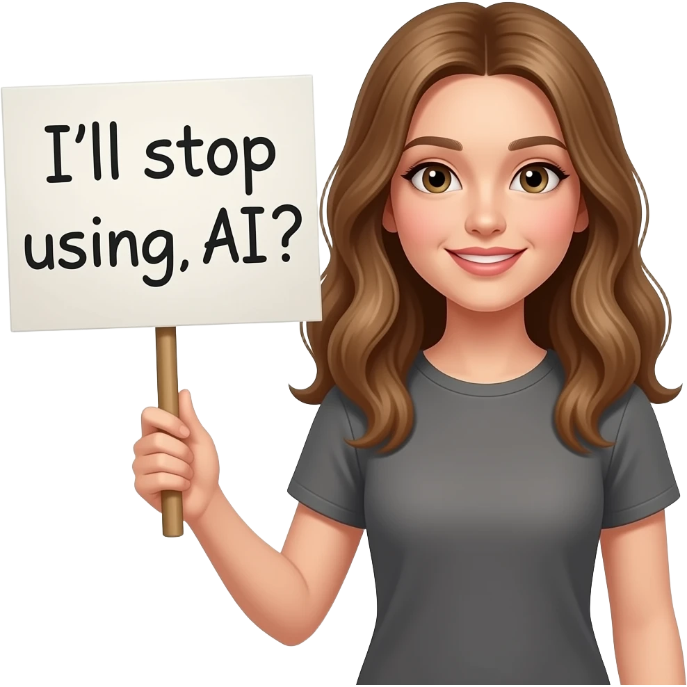 A Blount tall girl holding a sing that says “I’ll stop using Ai, ok?” emoji