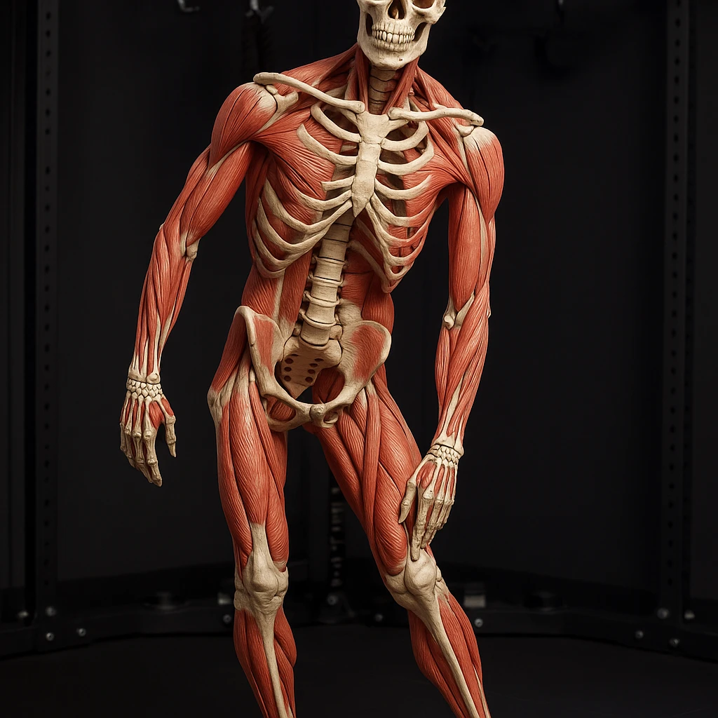 Hyperrealistic anatomical view of the same pose: tilted pelvis, valgus knee, pronated foot, with detailed visible bones and muscles, gym environment, 4K quality. Variant 3: more evident foot pronation. emoji