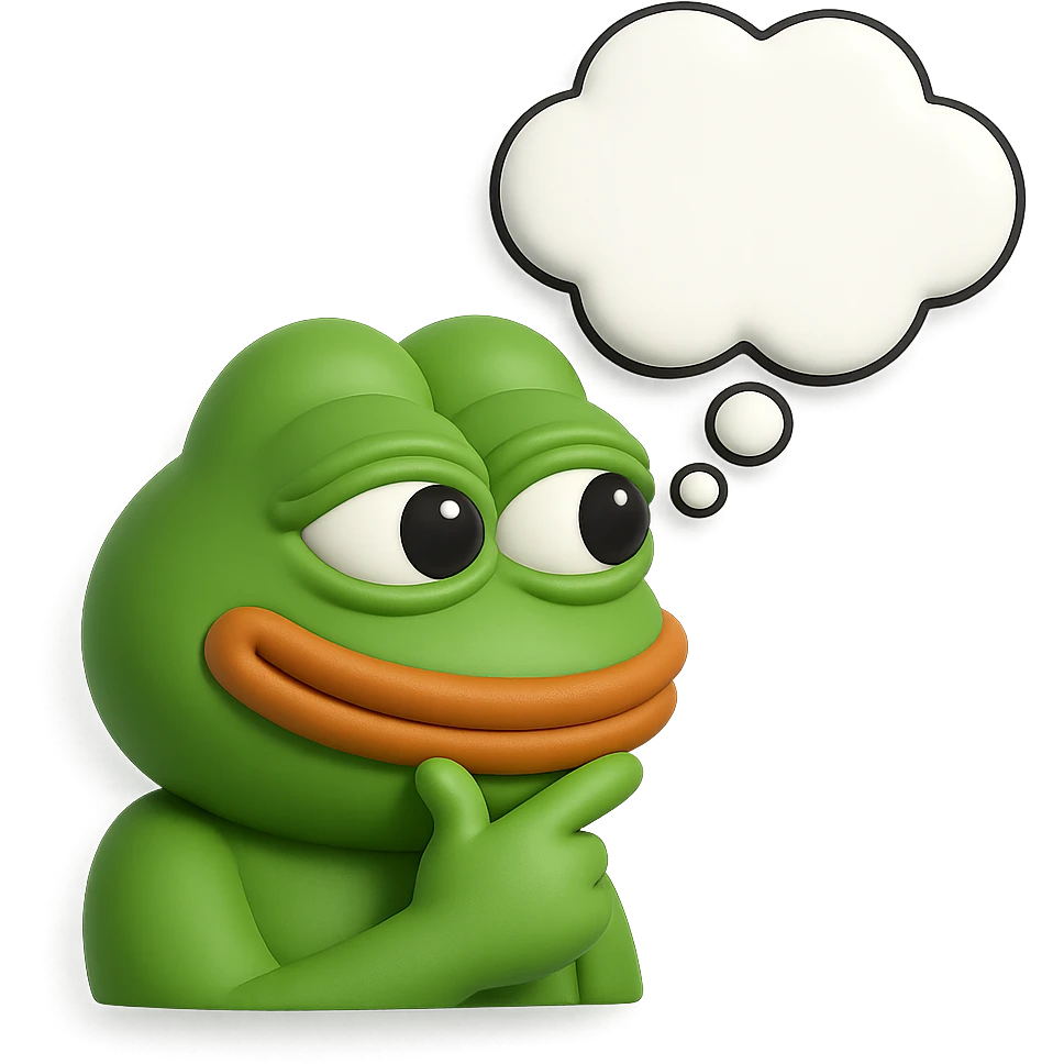 make a pepe in bright green smiling with thought bubble looking at right side in 3d style, good highlights and shadows, drop shadows emoji