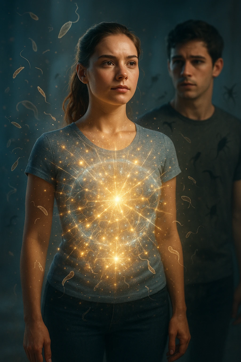 A hyper-realistic, cinematic image showing a young woman with a glowing, radiant aura symbolizing a very strong immune system. She stands confidently, surrounded by a dynamic shield of light particles and molecular energy swirling around her body, especially focused around her abdomen and chest. Against this luminous barrier, faint translucent representations of parasites—small worm-like and protozoan shapes—attempt to approach her but are visibly repelled or disintegrating upon contact with the shield. Nearby, a young man representing her boyfriend is shown with subtle, shadowy parasite silhouettes near him, some reaching toward her but unable to penetrate her immune defenses. The background is softly blurred to keep the focus on the energetic battle at the forefront, with cool blues and warm golds contrasting to symbolize health, vitality, and defense. The lighting is dramatic yet hopeful, with a cinematic 35mm film style emphasizing sharp detail on her determined face and the swirling protective energy. The overall tone conveys resilience, protection, and the unseen battle inside the body. emoji