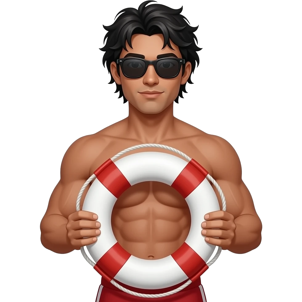 Dark Tan Muscular lifeguard without shirt with messy black hair with sunglasses, with life preserver holding muscular lifeguard in hands emoji