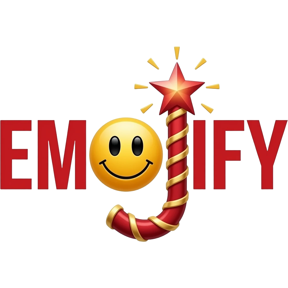 Big red text "EMOJIFY" is stretched in height and width. Letter "O" is a smiley face. Letter "J" in the form of a magic wand with sparkles a on the end. emoji