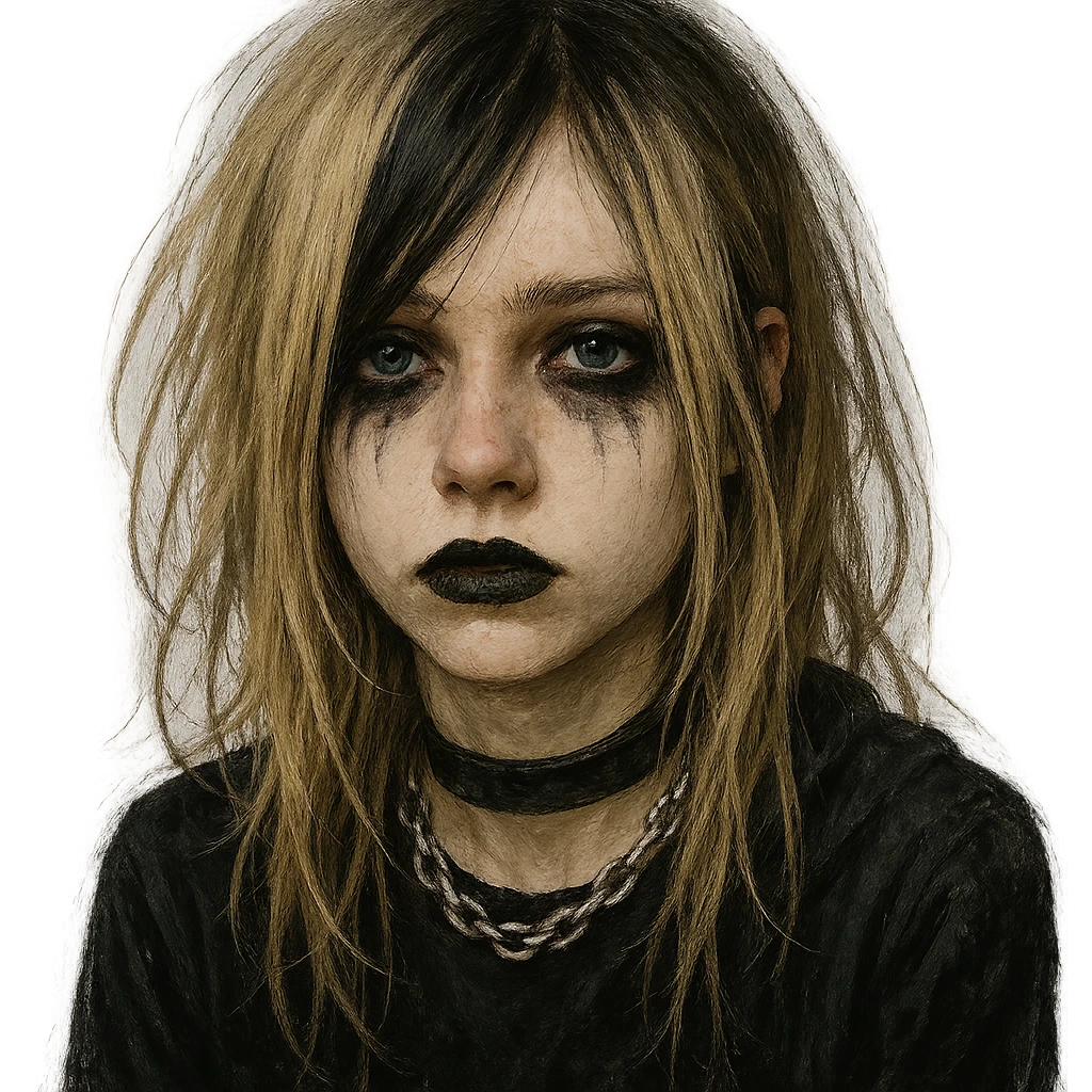 depressives Emo Mädchen, blond, blaue Augen, mit schwarzem Lippenstift, Emo-Stil, detailed, expressive, digital art emoji