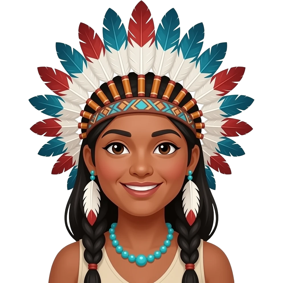 Indigenous American woman dark brown skin or black skin with a very color feather headdress smiling softly with turquoise beaded necklace emoji