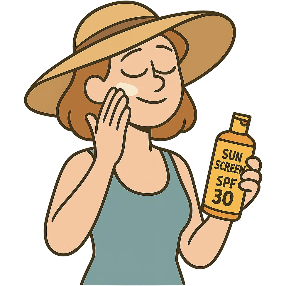 illustration of a woman with sun hat applying sunscreen to her face with one hand, holding sunscreen bottle in the other, sunny and relaxed, no background emoji