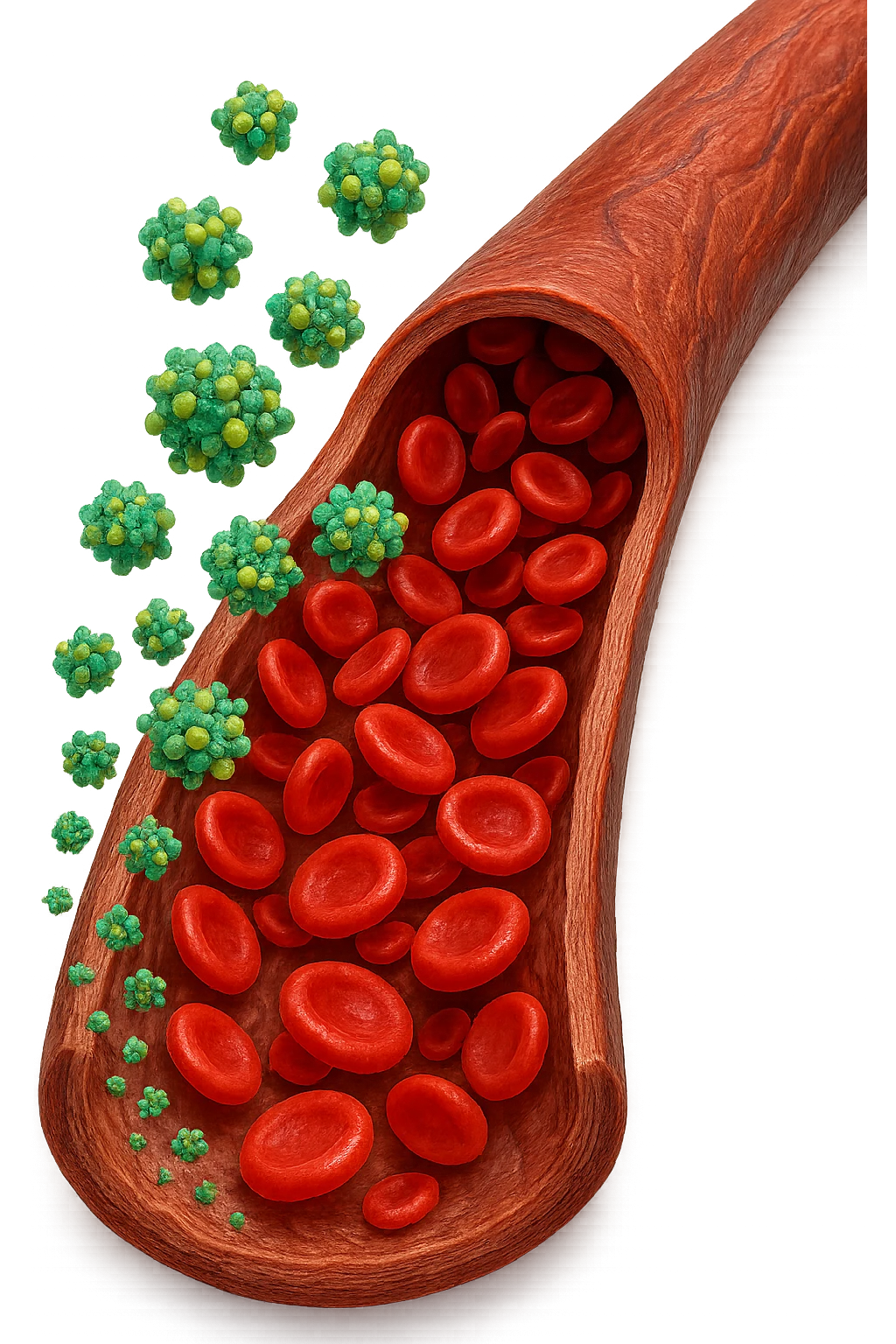 tossine che entrano in una vena umana anatomica realistica, vista dall'alto, iperrealistica 4k emoji