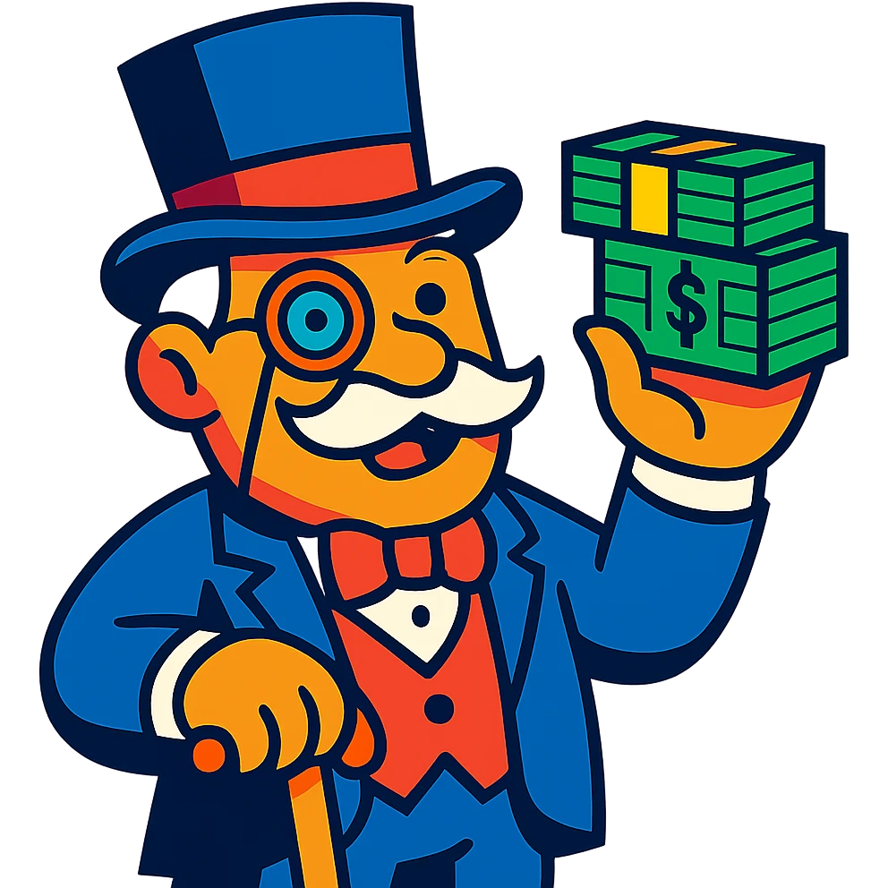 old white man with a top hat, monocle in left eye, holding stacks of money in right hand and a wooden cane in left hand, vibrant colorful style emoji