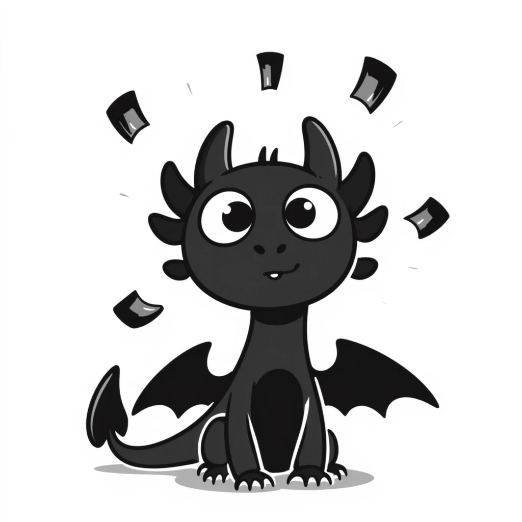 Toothless from 'How to Train Your Dragon' with his head exploded, looking shocked, hand drawn doodle style emoji