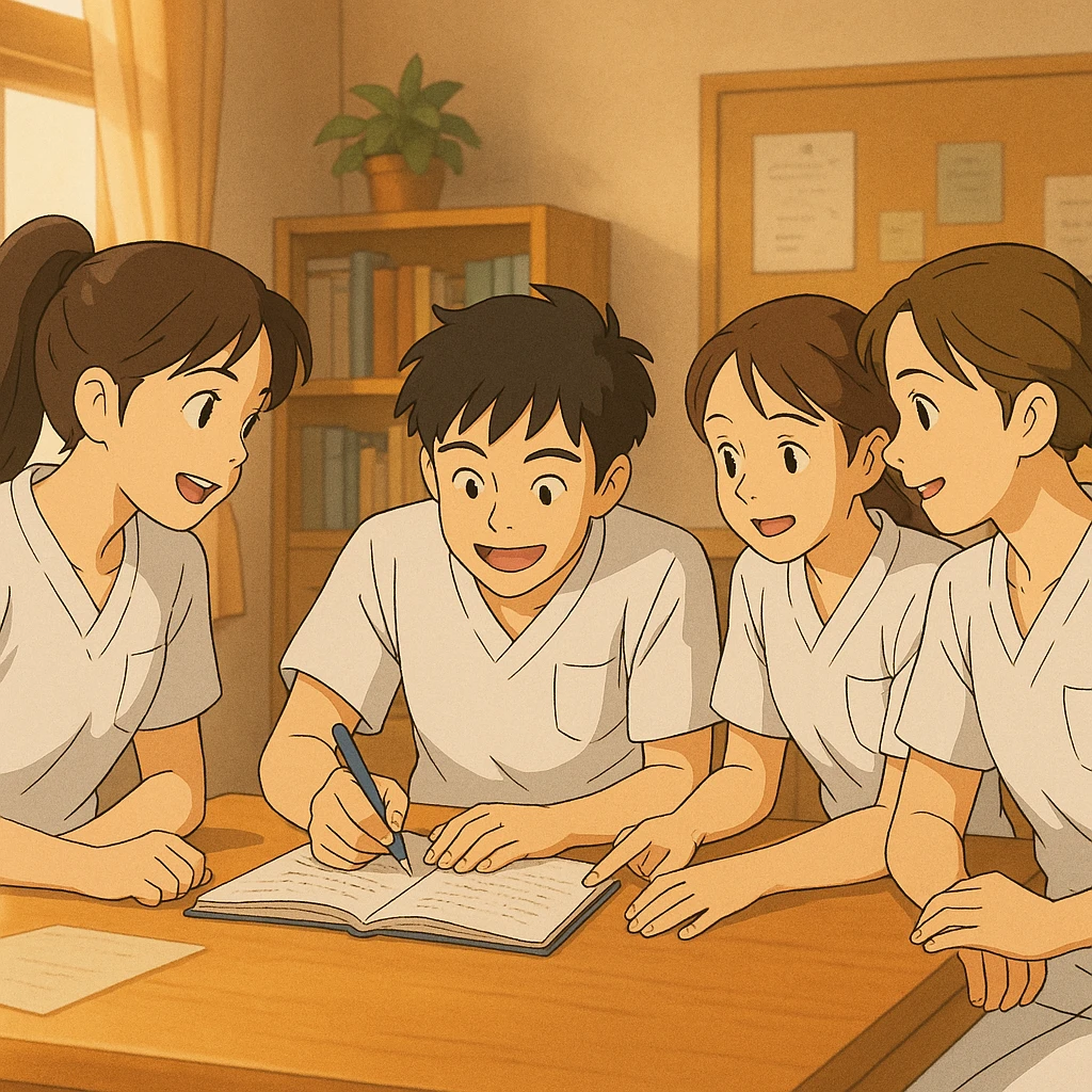 Groupe de quatre étudiants infirmiers, style Ghibli, en train de collaborer à l'intérieur. Uniformes blancs, tuniques col en V, poche poitrine à gauche, manches courtes, avant-bras nus, pas de stéthoscopes ni pied de col, cheveux longs attachés. Scène dynamique et chaleureuse. emoji
