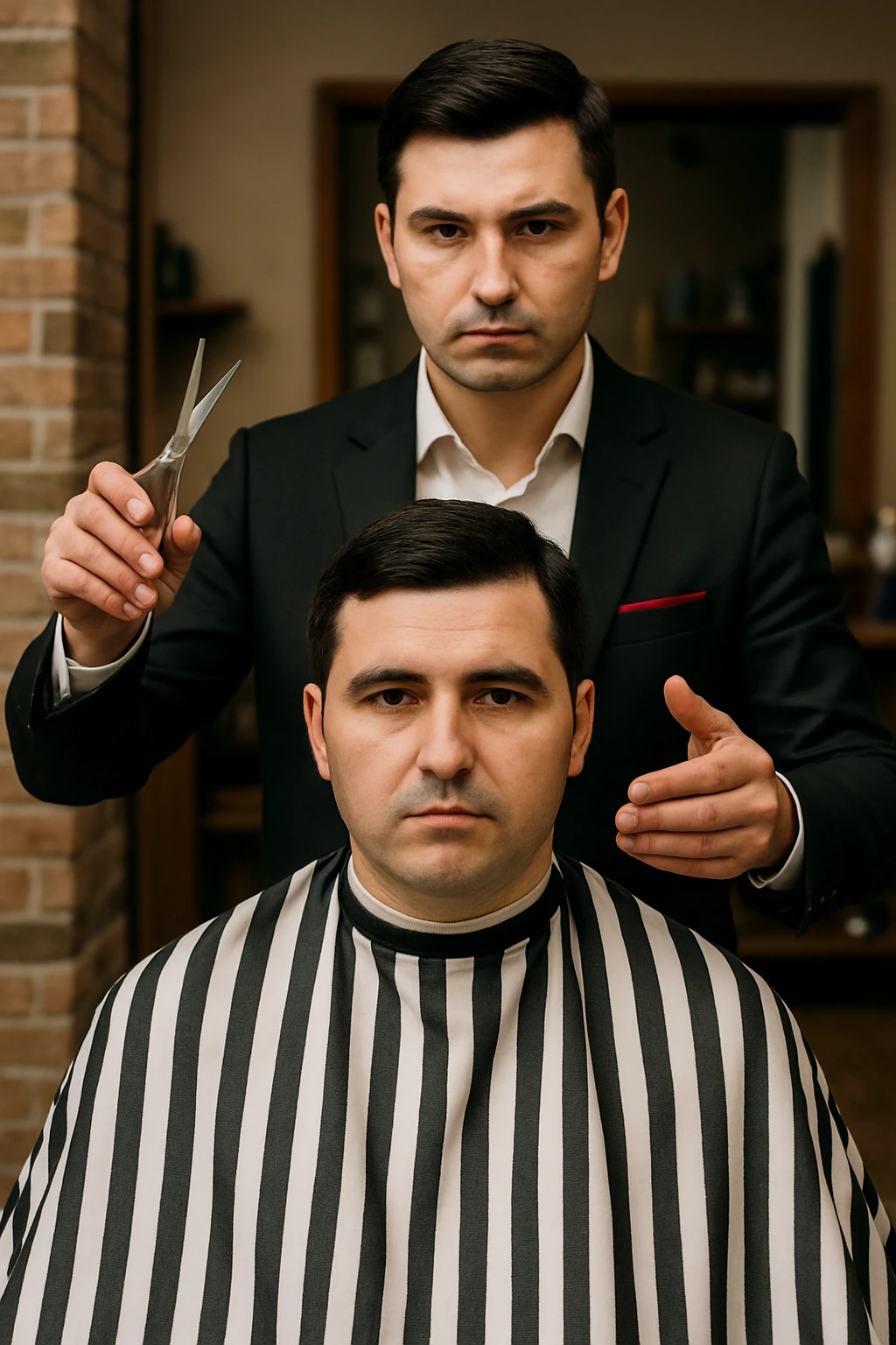 manashu akani yuzlaridan foydalanib sartarosh chizib bergin u soch olishga tayyor turganini chizib ber old rakursda bulsin mijoz tugriga qarab utirganini va sartarosh uni orqasida turib bitta ulida qaychi, ikkta quli bilan tayyorgarlik kurib turganini chizib ber xuddi 1,2,3 boshladik degandey birdaniga ishga kirishib ketadigan dek tayyor bulib tursin emoji