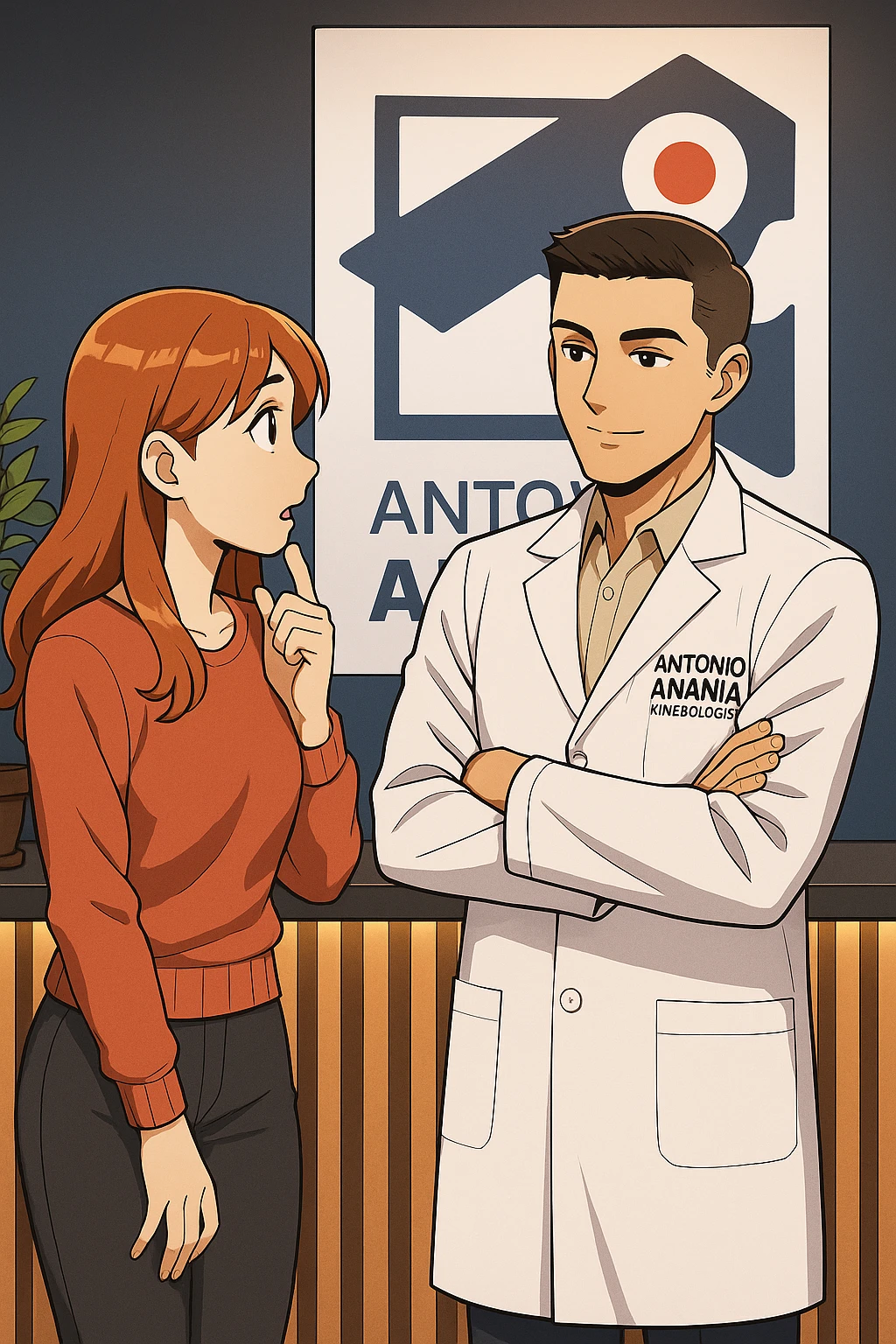 su questo stile fai un manga/webtoon a colori in cui una donna SI TOCCA IL MENTO MENTRE FA UNA DOMANDA ALL'UOMO, l'uomo della foto in stile manga LE SPIEGA CHE DEVE PROVARE LA SUA VALUTAZIONE MEDICA, mantieni un ambiente simile alla foto che ho allegato con il suo logo (sarebbe il suo studio, lui è un kinesiologo), scrivigli "ANTONIO ANANIA" sul camice bianco, non mettere fumetti, ma fai in modo che sembri che la donna CHIEDA E  l'uomo RISPONDA emoji