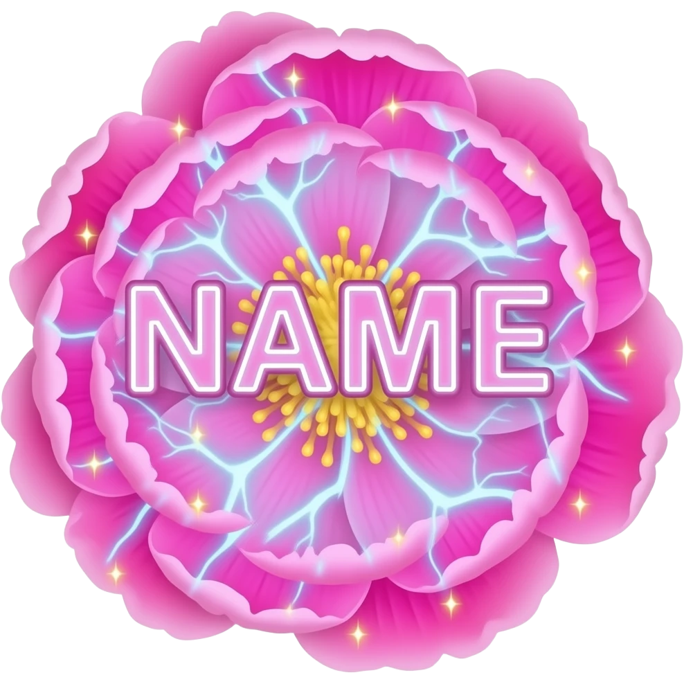 A lush, Peony letter 'NAME' with petals that glow with an internal neon pink light. Fine electric-blue veins run through the petals, surrounded by floating golden sparkles. Isolated on a black background for maximum glow effect emoji