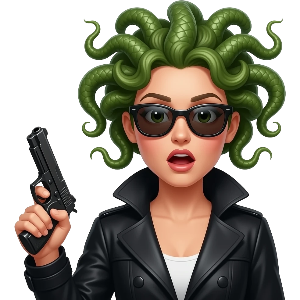 Surprised beautiful female Medusa in black coat with sunglasses holding gun emoji