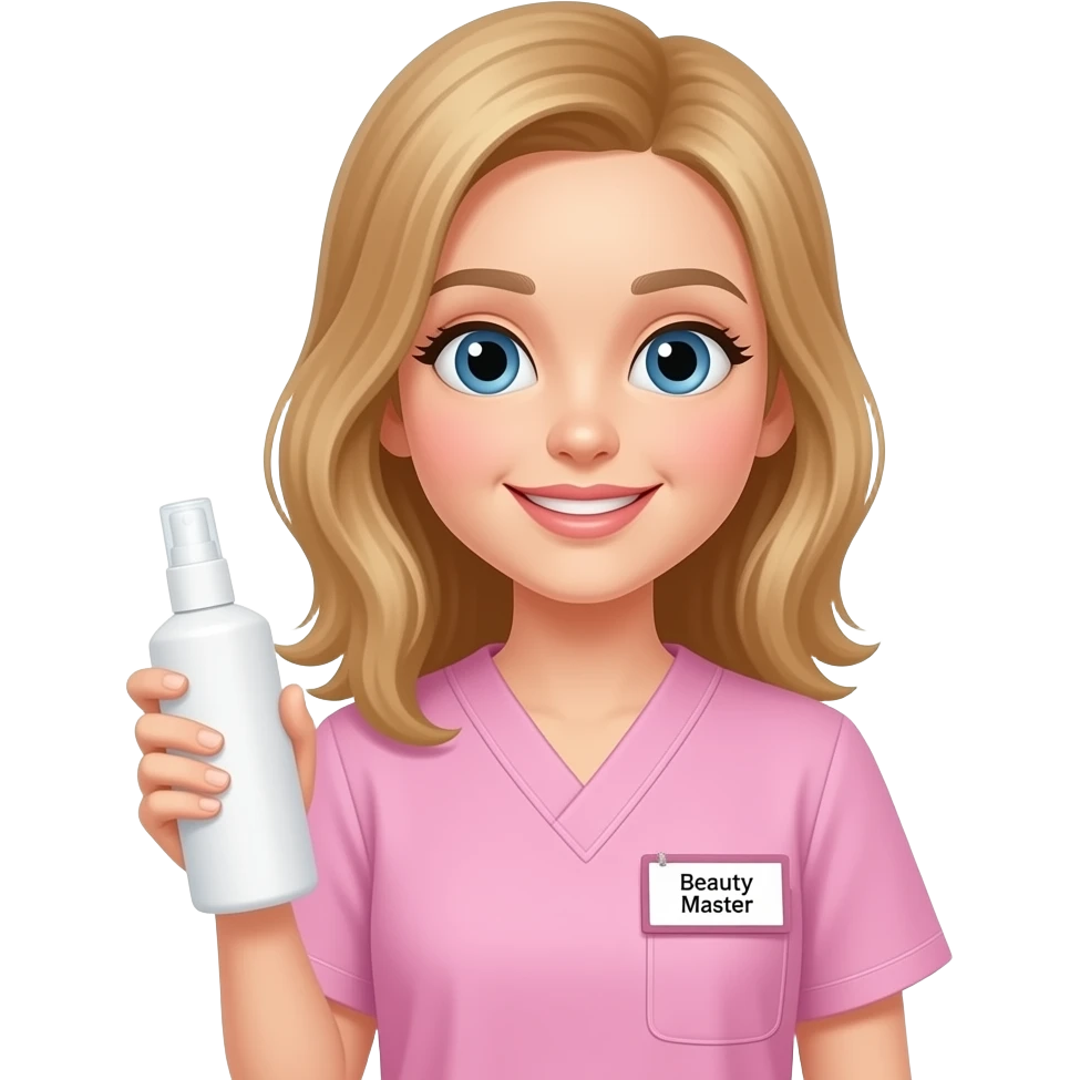 IOS emoji:pretty fair-haired girl in pale pink scrubs, slight smile, holding middle white spray bottle, name tag "Бьюти Мастер". Pastel colors, clean vector, white background --ar 1:1 emoji