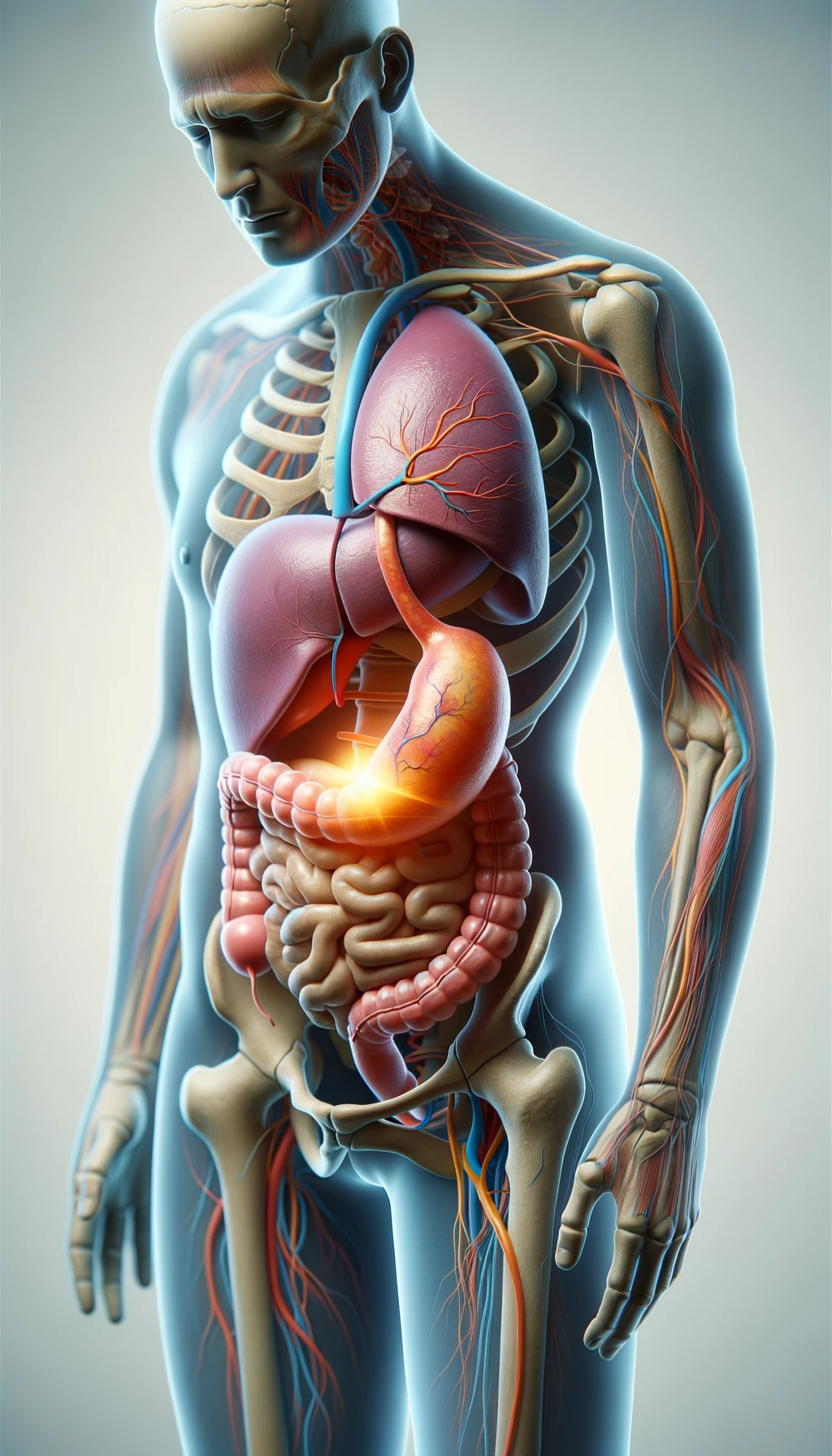 cistifellea umana anatomica realistica e intestino sono collegati nel dolore, sfondo chiaro emoji