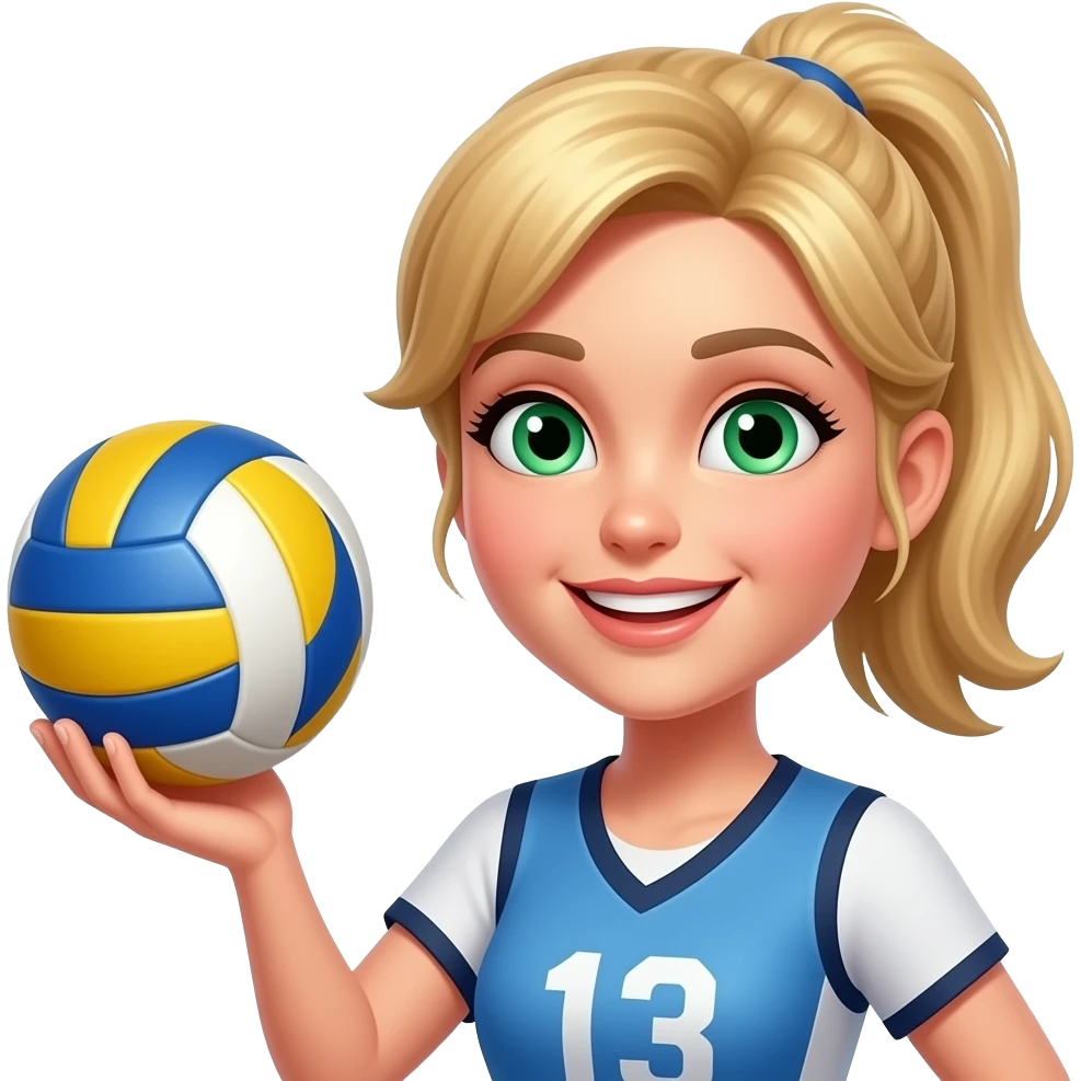 happy has a volleyball in her hand and has blonde hair green eyes emoji