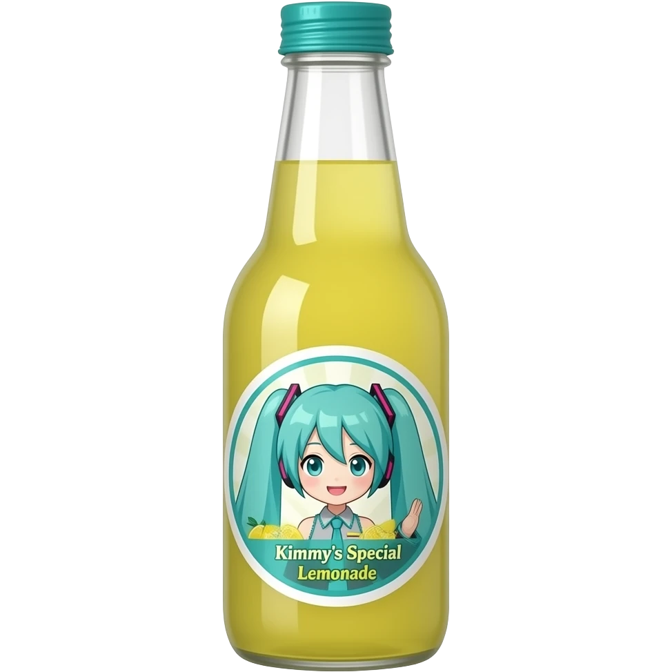bottle of lemonade, with a miku hatsune label, yellow lemonade, teal cap, label say Kimmy's Special Lemonade emoji