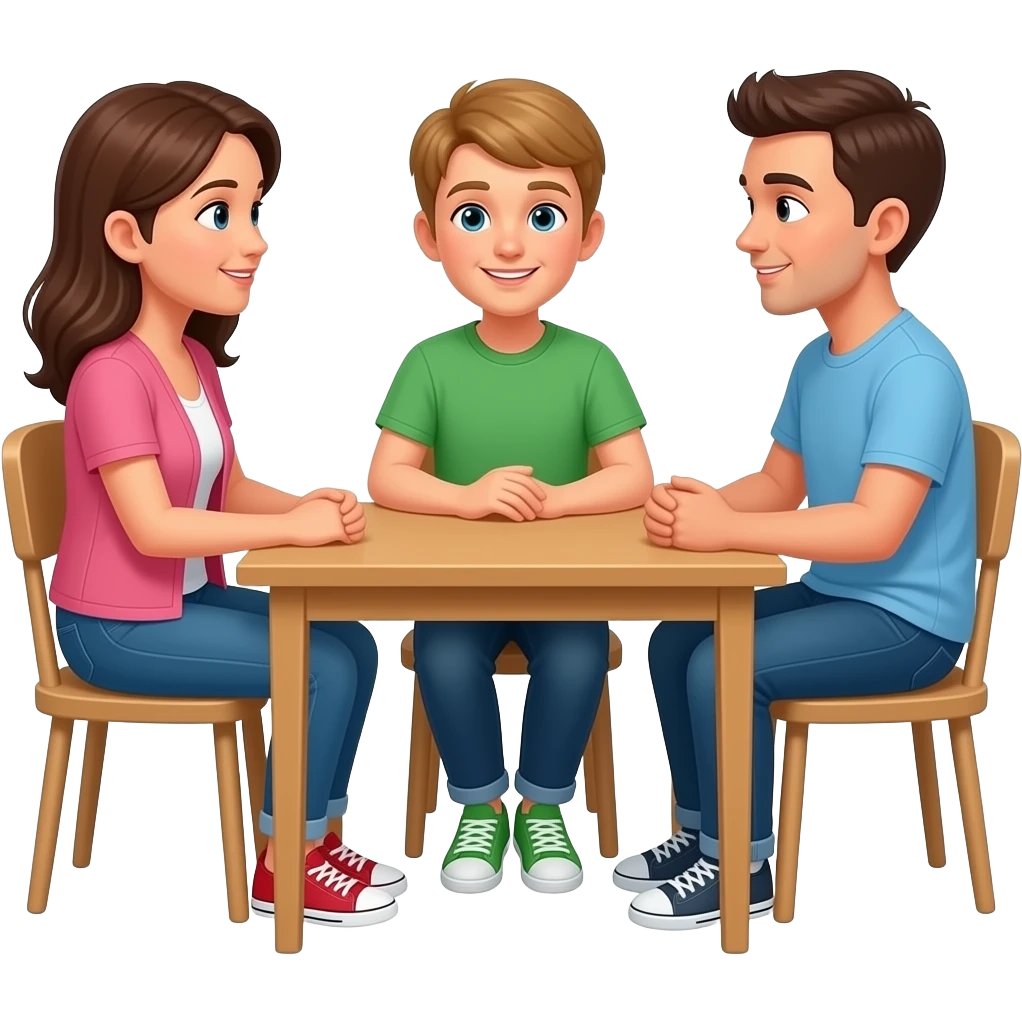 Conversation between two adults and a teenager sitting at the table at home, looking at each other in a conversational manner. emoji