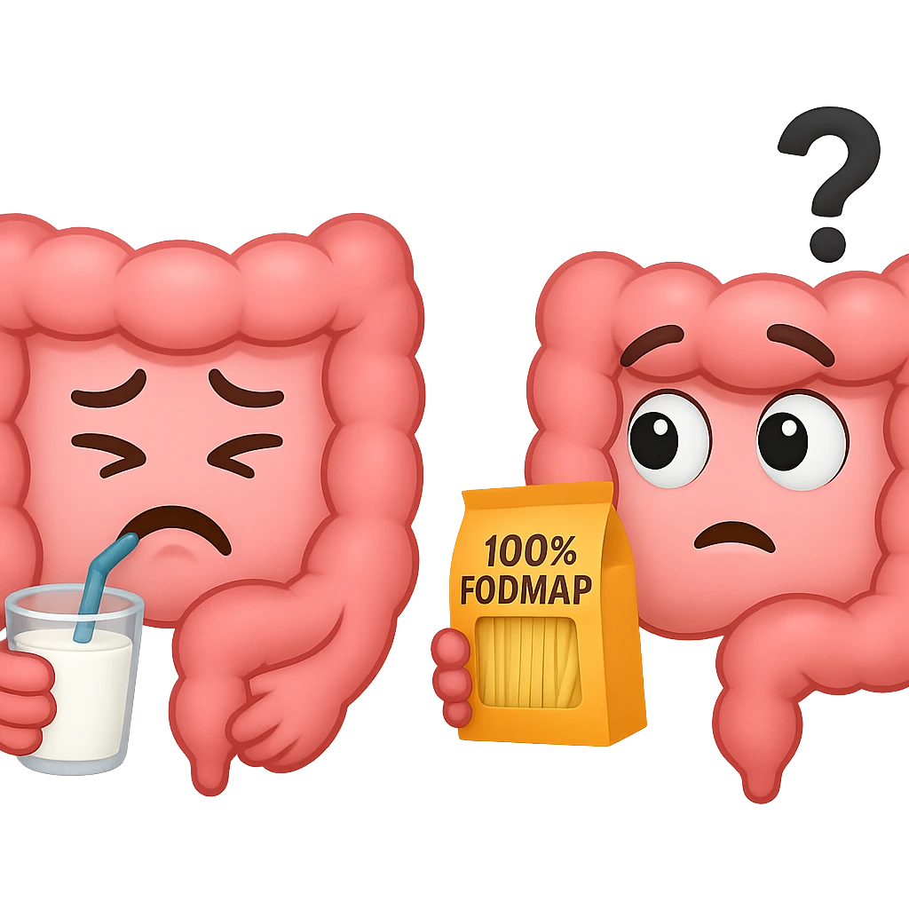 emoji stile iphone di un intestino che beve latte e ha un espressione di dolore e un intestino che guarda un pacco di pasta con la scritta "100% FODMAP" SULL'ETICHETTA CON ESPRESSIONE CONFUSA, iperrealistico 4k, isolato su sfondo bianco emoji
