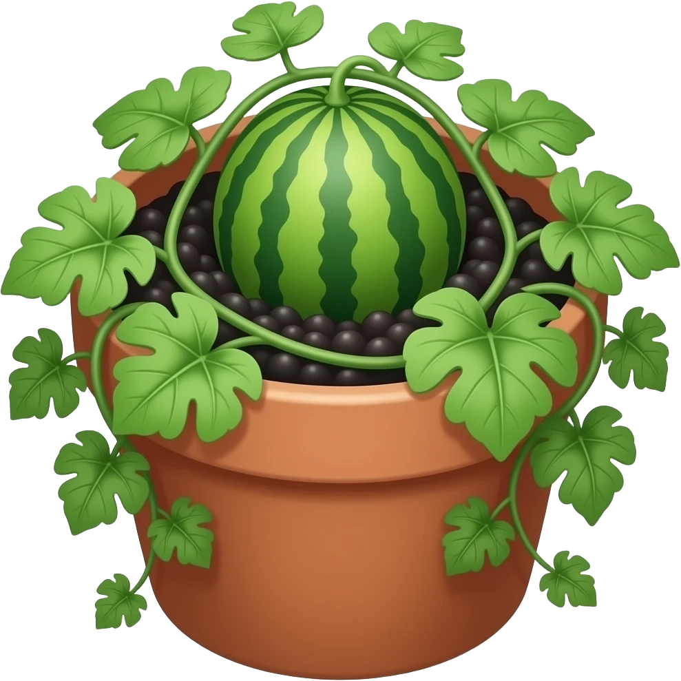 a cute pot with same black dirt and a very big vine and watermleon  with more leaves . no fruits in it, show the dirt and vine  from the hight point of view and still see the pot emoji
