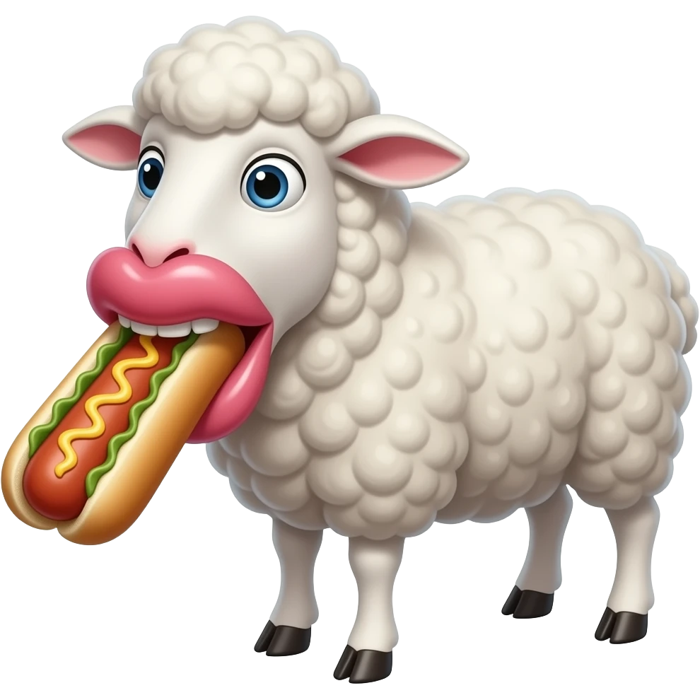 White Sheep with ultra big botox filler lips swallowing hotdog with no teeth emoji