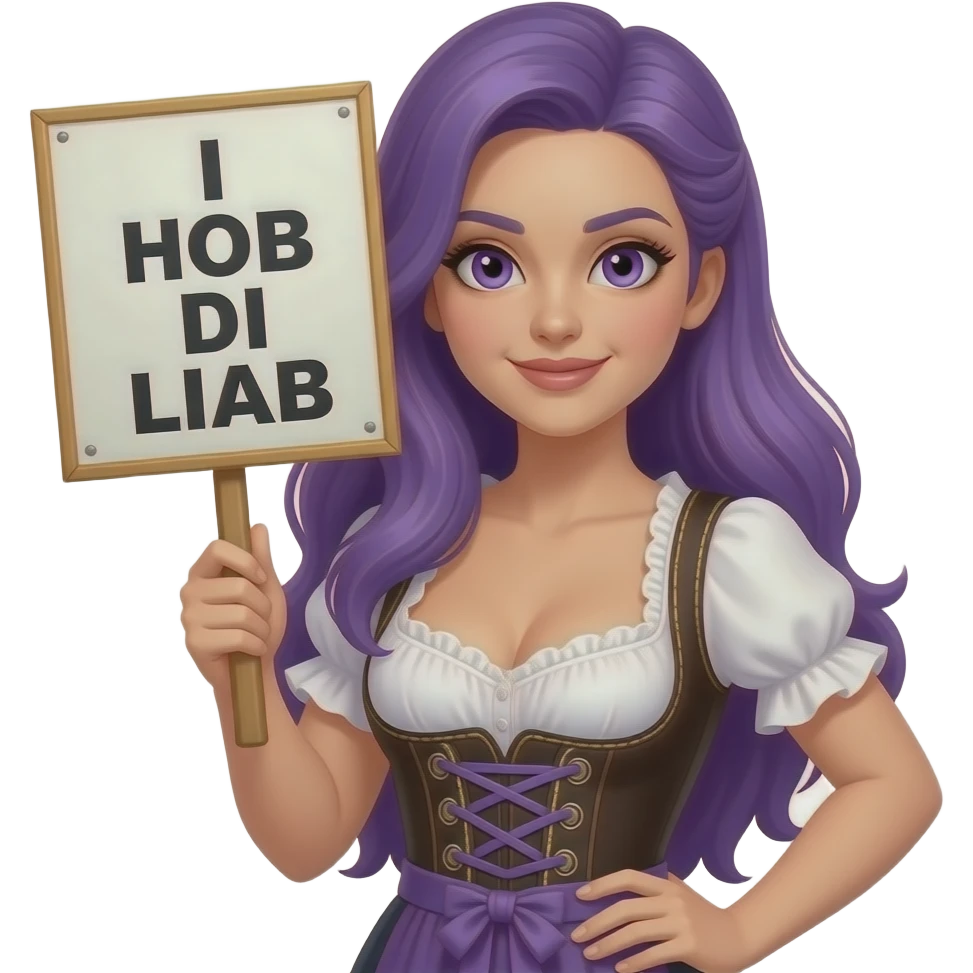 sexy girl with long purple hair and purple eyes wearing a dirndl holding a I HOB DI LIAB sign emoji