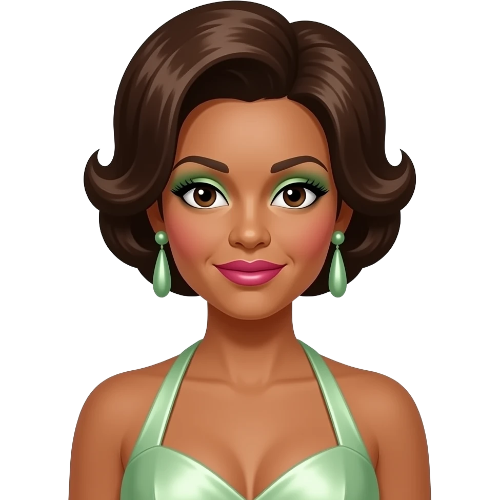 Florence Ballard from The Supremes with dark brown eyes, brown beehive hair, light green eyeshadow, hot pink lipstick, light green metallic halter dress, green earrings emoji