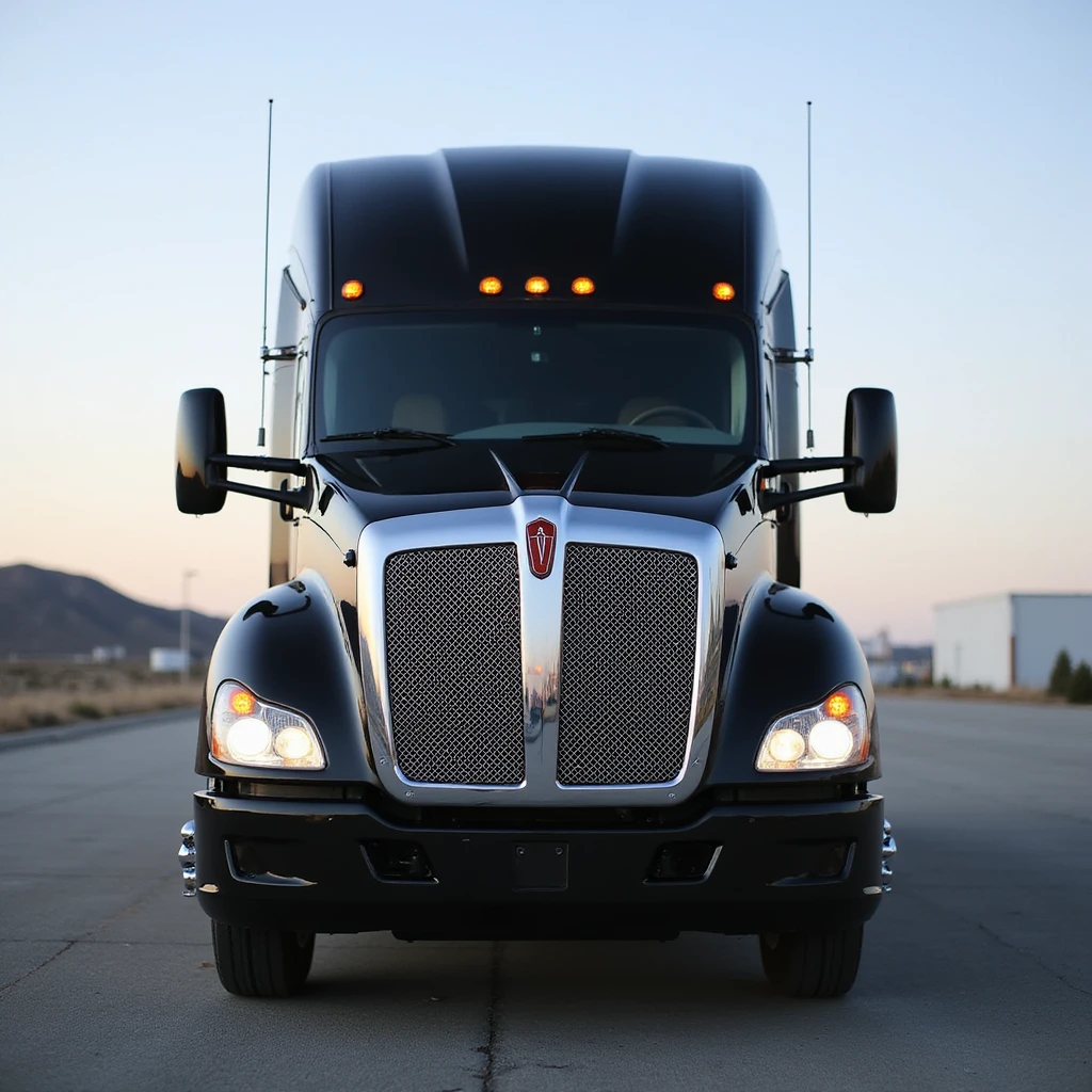 2026 Black Kenworth T680 Sleeper semi truck, front view, headlights on, realistic details, no background emoji