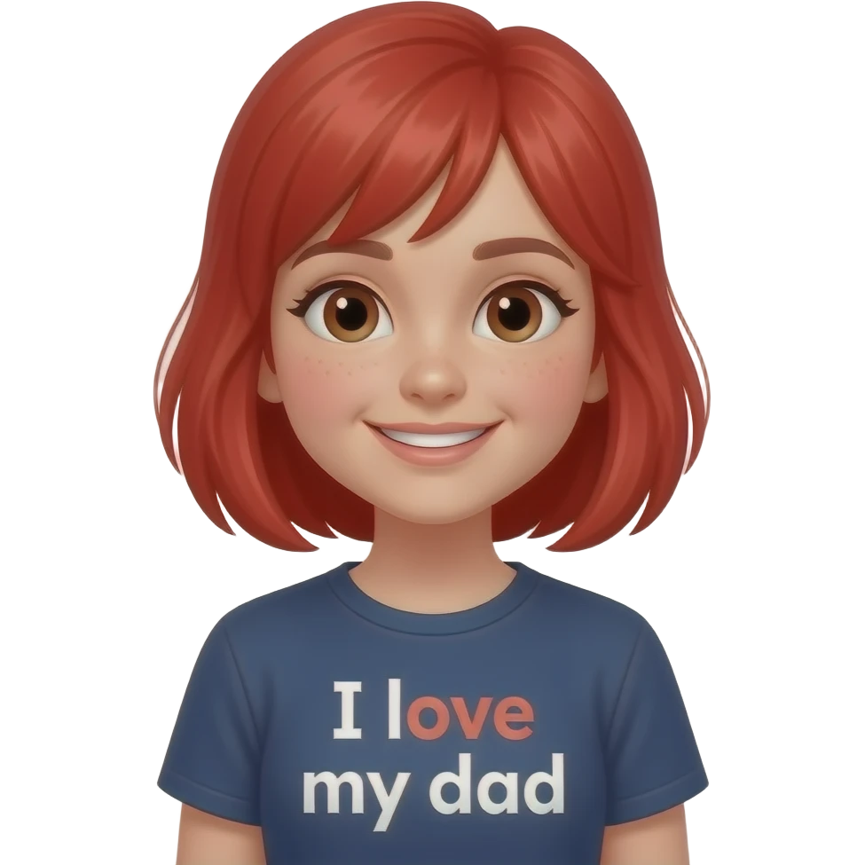 a 13 year old girl with red hair smirking with a shirt that says I love my dad emoji