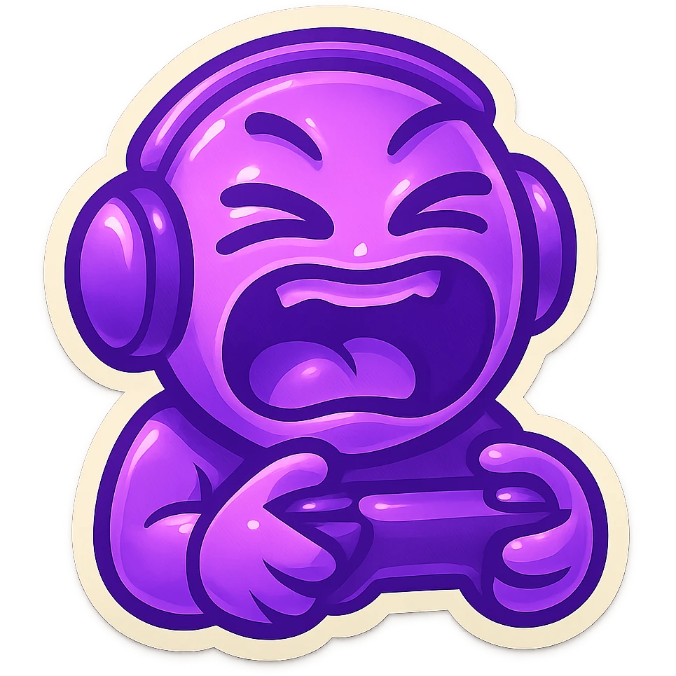 A meme-style emote with a funny gamer moment, neon purple theme, compact and expressive emoji