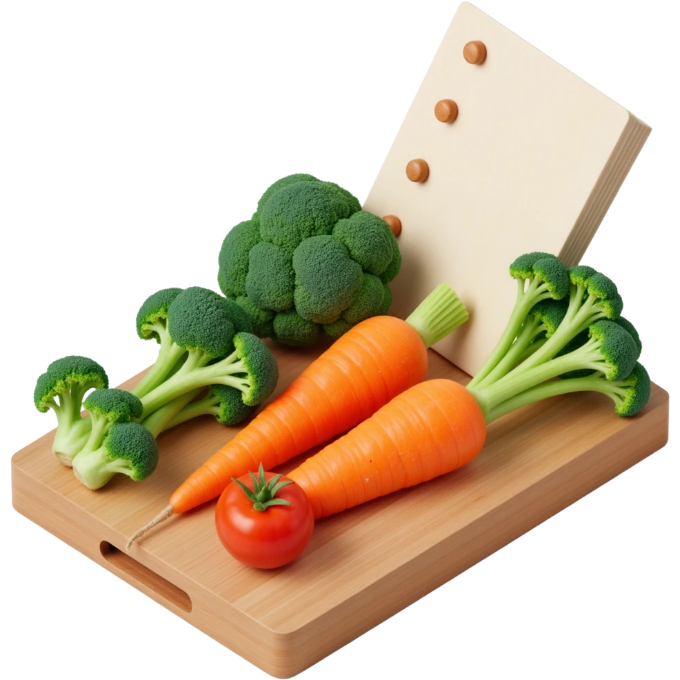 carrot tomato brocoli on the wooden cutting board with floating list  emoji