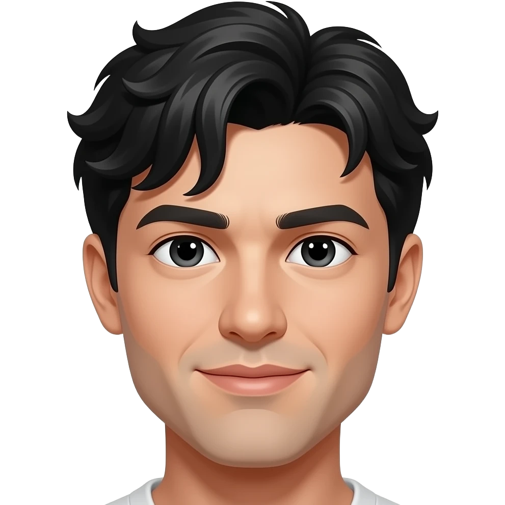 hombre blanco y cabello color negro,corto semi ondulalo que le tape la frente , y ojos negros emoji