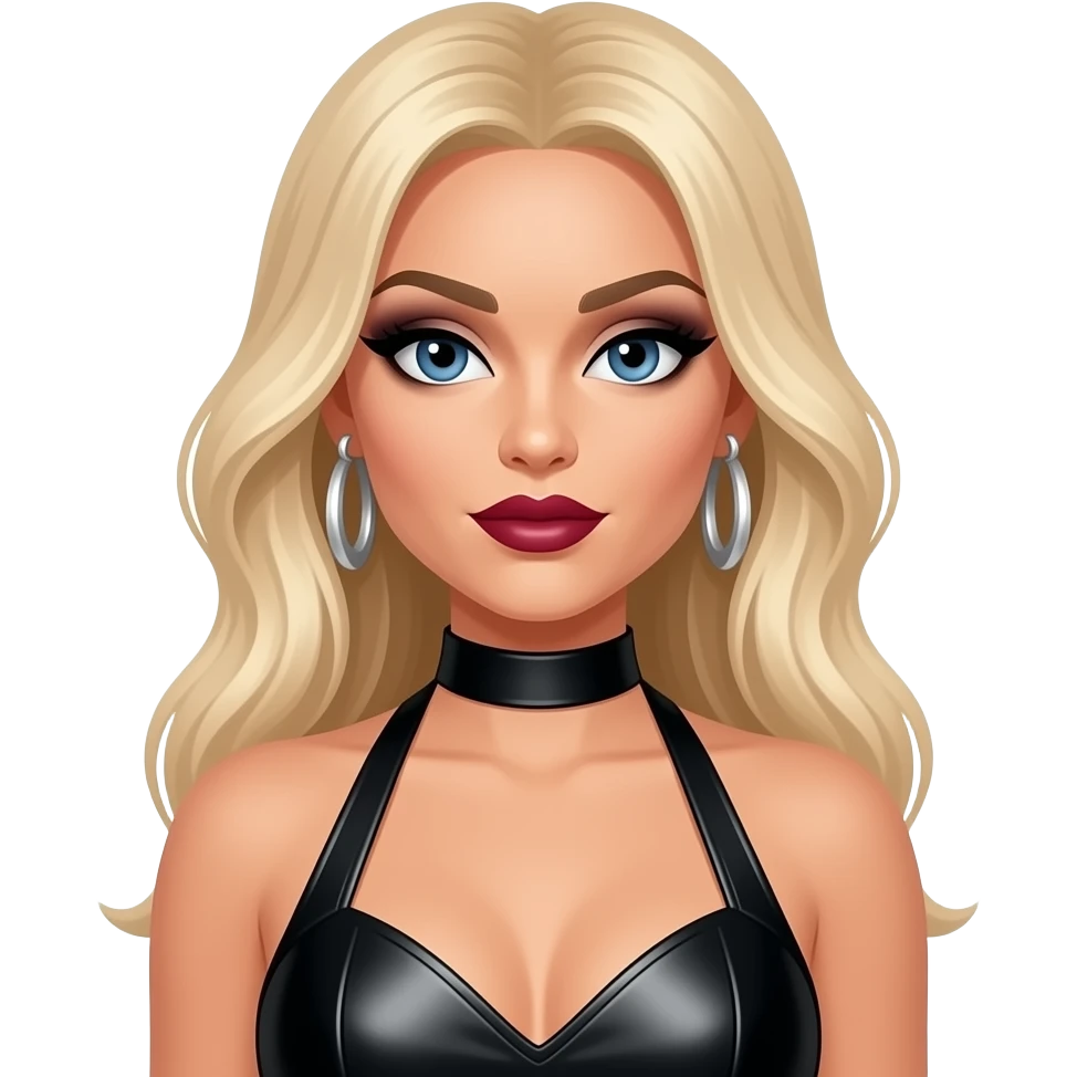 Kimberly Wyatt from The Pussycat Dolls with white skin, blue eyes, long blonde hair, black eyeshadow, dark red lipstick, black metallic halter dress, silver earrings emoji