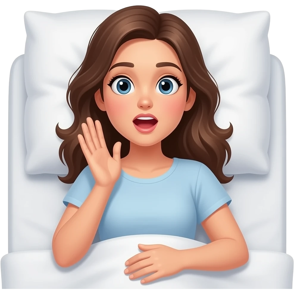 침대에 누워서 특별한 생각이 유레카하며 떠오른 느낌의 캐주얼한 스타일의 예쁜 20대 여성 이모지 emoji