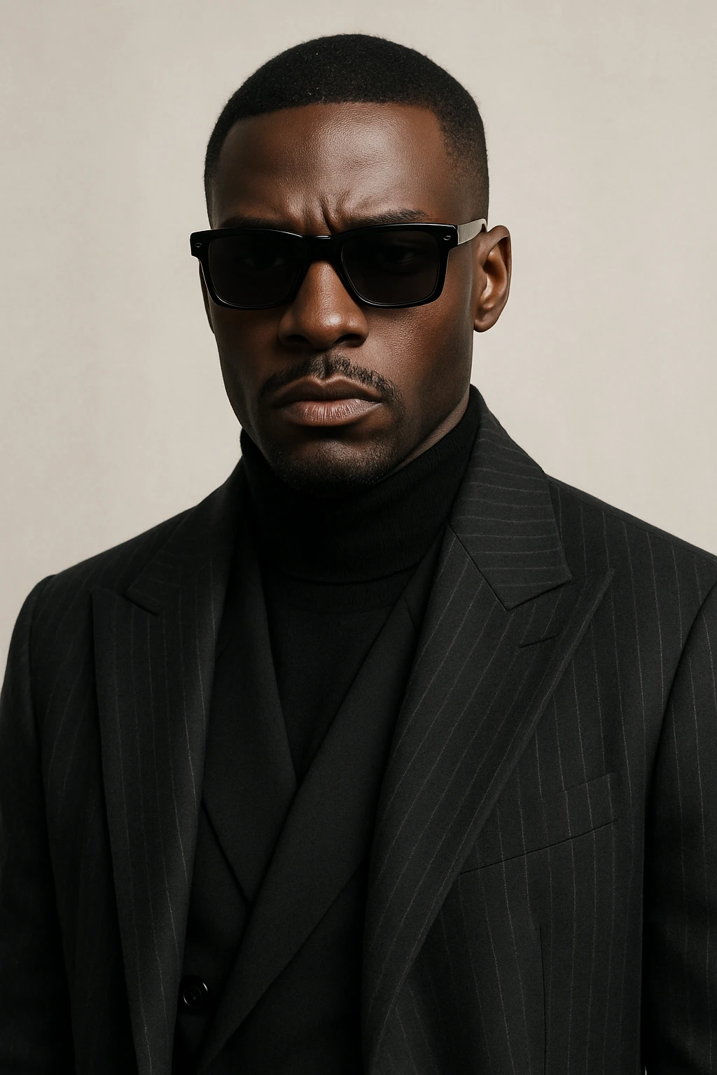 black man with sunglasses, serious expression, high fashion, neutral background emoji