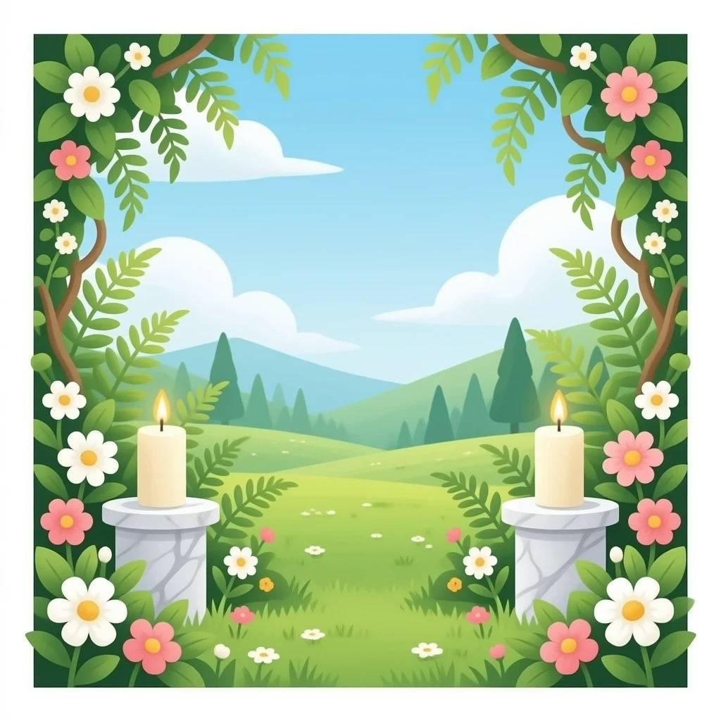Aesthetic scenic beautiful gorgeous pretty elegant sparkly shiny scene of Candles white and with flowers and marble pedestals and lush vines and ferns emoji