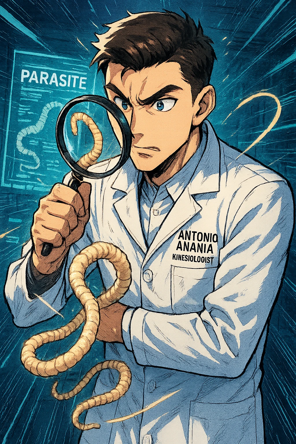 A dynamic manga/webtoon-style illustration of a young male kinesiologist wearing a clean white lab coat, analyzing light beige worms like a tapeworm under a magnifying glass. His expression is focused and slightly intrigued, with sharp, detailed eyes. The art style is vibrant, with bold linework, rich colors, and dramatic lighting. The background is a futuristic laboratory with glowing holographic screens displaying parasite data. The tapeworm is intricately drawn, slimy and segmented, with a slightly exaggerated yet realistic texture. The composition is dynamic, with motion lines or energy effects to emphasize his scientific investigation. The atmosphere is intense but not dark, keeping a balance between scientific seriousness and stylish manga aesthetics, he has "ANTONIO ANANIA" WRITTEN ON WHITE LAB COAT emoji