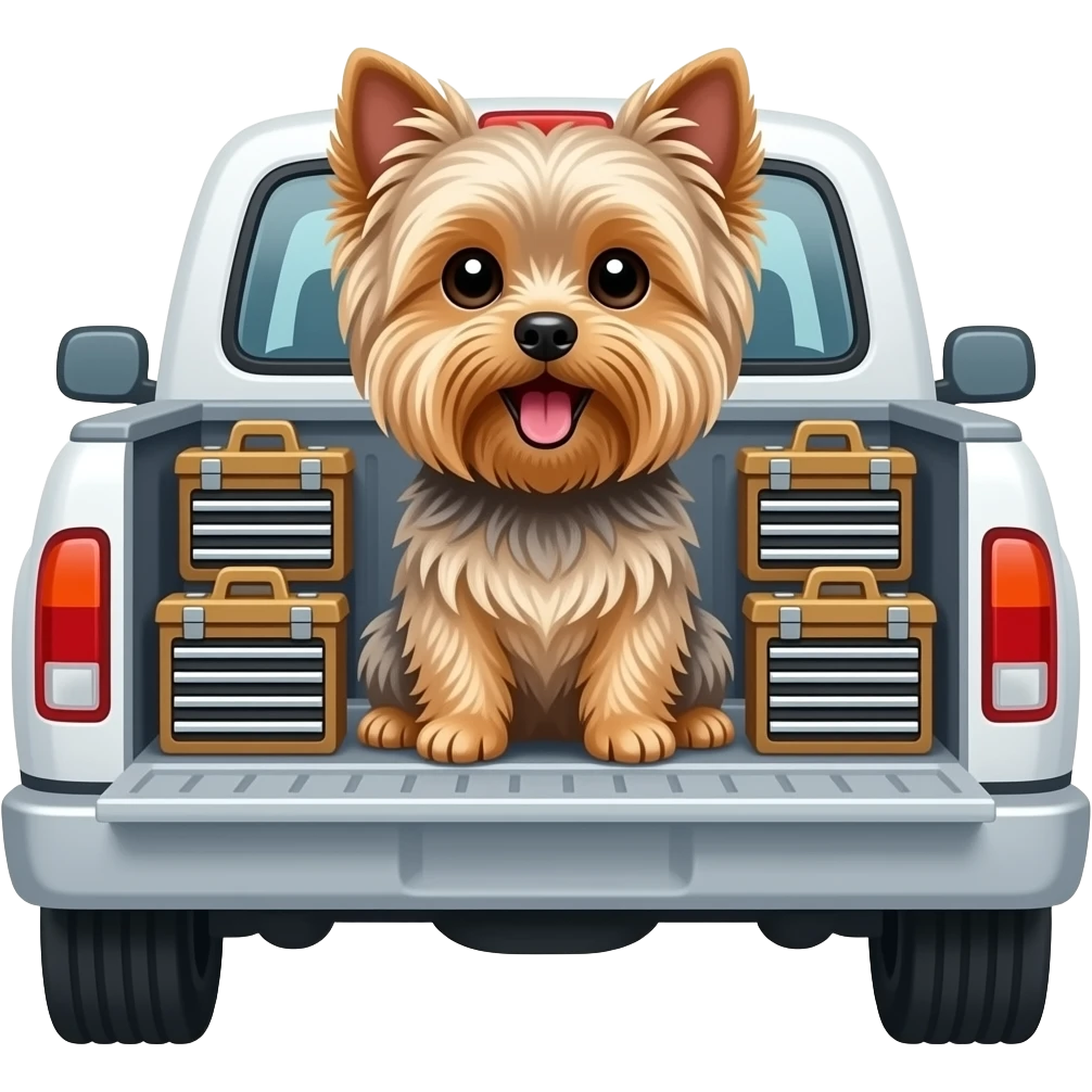 Yorkie dog mouth open sitting in a white truck surrounded by tool boxes emoji