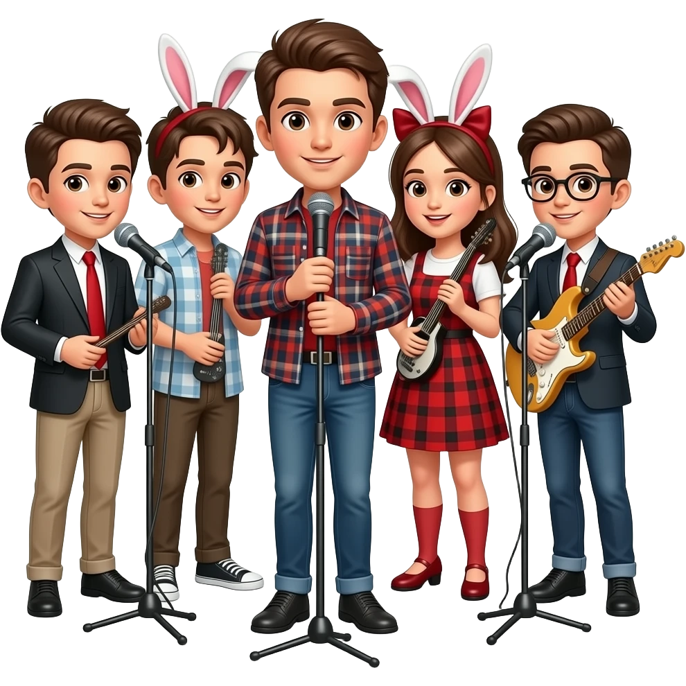 Tinbiriche  3. niños.   Y 2. Niñas   porles.   Los. Trajes   porles. Sus. Intrunmetos. Y los. Microfonos emoji