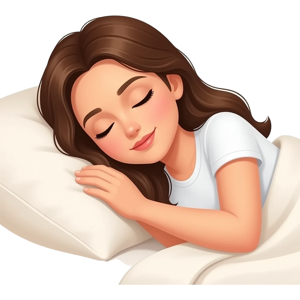 woman with brown long hair sleeping in a cream white bedding emoji