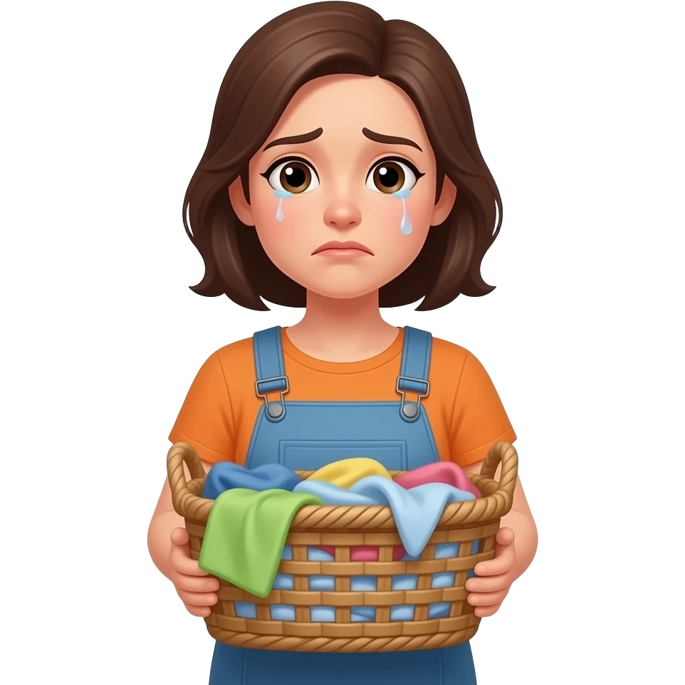 woman holding laundry basket, tired expression, without tear, subtle fatigue but still composed, minimalist flat illustration, pastel palette, consistent style, same character design, no background emoji