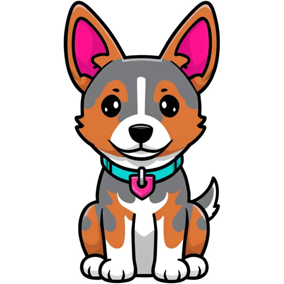 Red heeler cattle dog sitting down facing forward, with a bright pink collar emoji
