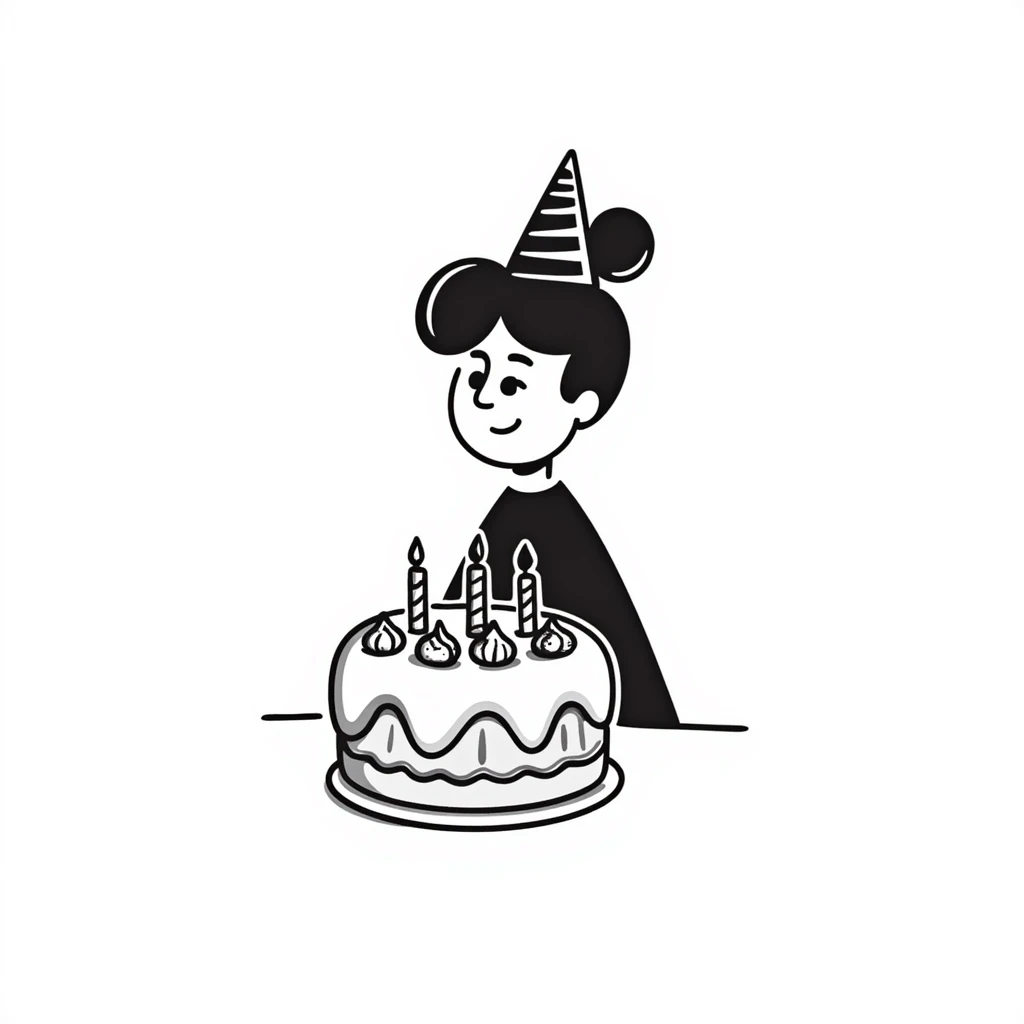 a girl wearing a birthday cap with a cake in front emoji