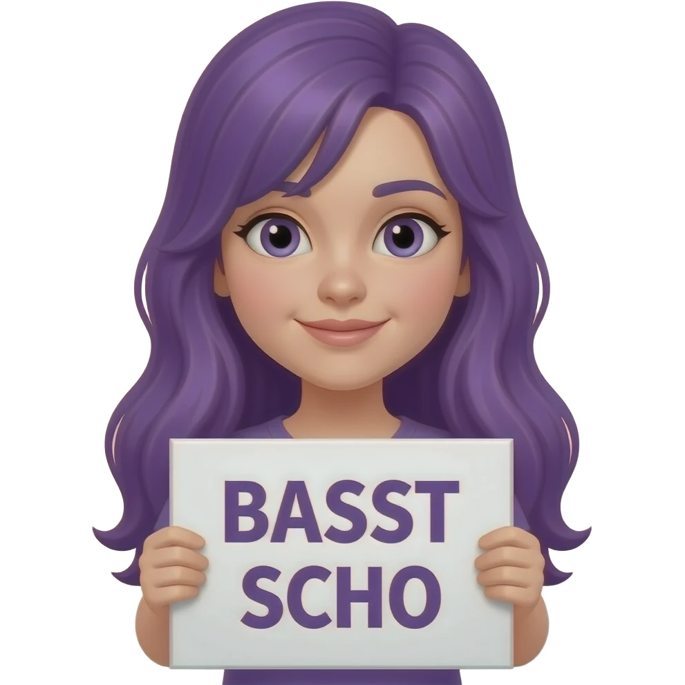 girl with long purple hair holding a BASST SCHO sign emoji